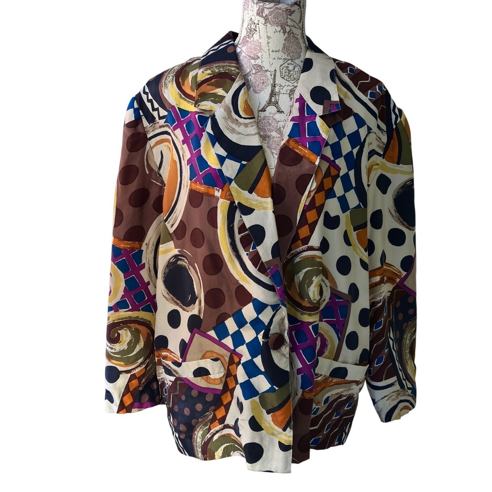 Vintage Carol Horn Workshop Silk Lined Abstract‎ Print Blazer Jacket Sz L